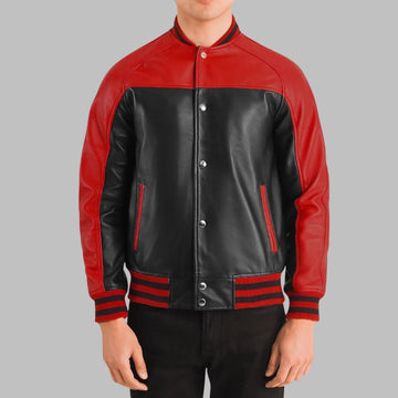 Men’s Black & Red Leather Bomber Jacket – Sheepskin Varsity Style