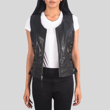 Women’s Black Goatskin Leather Biker Vest with Side Lace Adjustments