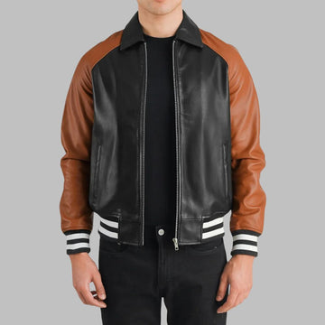 Men’s Black and Brown Sheepskin Leather Jacket – Shirt Collar & Rib Knit