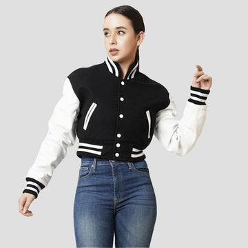 Women’s Cropped Varsity Jacket – Black Wool & White Leather Sleeves