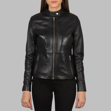 Women’s Black Sheepskin Leather Biker Jacket with Snap Collar & Zipper Pockets