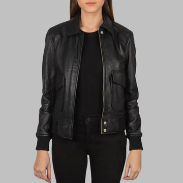 Women’s Black Sheepskin Leather Bomber Jacket with Button Flap & Rib Cuffs