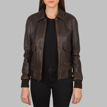 Women’s Brown Goatskin Rub-Off Leather Bomber Jacket with Button Flap