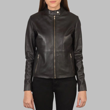 Women’s Brown Sheepskin Leather Biker Jacket with Snap Collar & Zipper Pockets