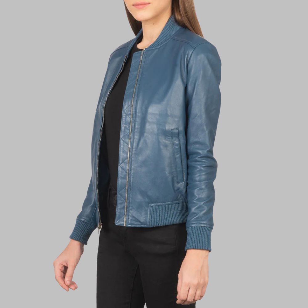 Women’s Blue Varsity Jacket – Real Sheepskin Leather with Wind Flap & Quilted Lining