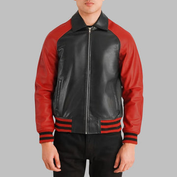 Men’s Black & Red Sheepskin Leather Varsity Jacket – Zipper Front & Shirt Collar