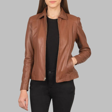 Women’s Brown Leather Jacket – Real Sheepskin with Shirt Collar & Zipper