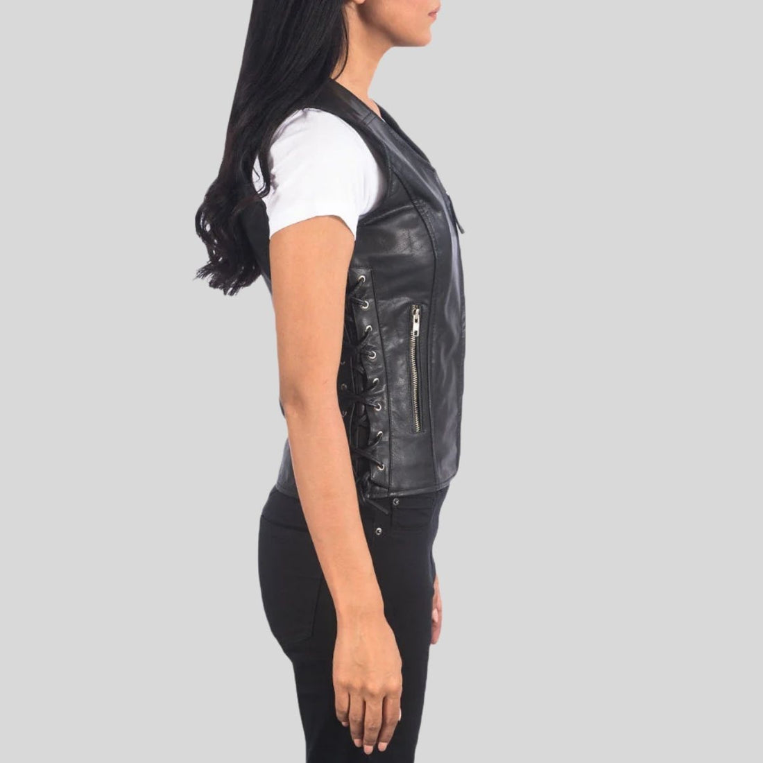 Women’s Black Goatskin Leather Biker Vest with Side Lace Adjustments