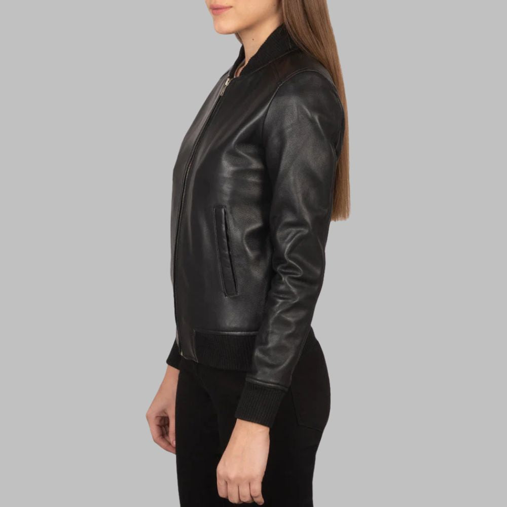 Women’s Varsity Jacket – Real Sheepskin Leather with Wind Flap & Stand-Up Collar