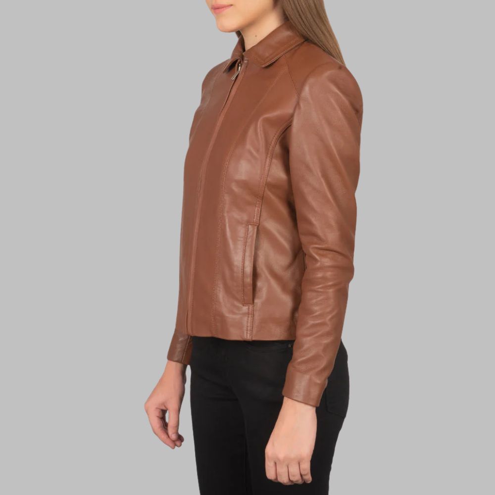 Women’s Brown Leather Jacket – Real Sheepskin with Shirt Collar & Zipper