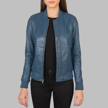 Women’s Blue Varsity Jacket – Real Sheepskin Leather with Wind Flap & Quilted Lining