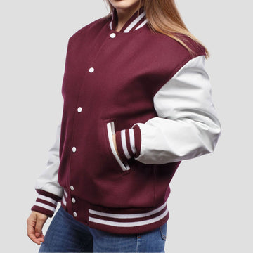 Classic maroon wool letterman jacket with white leather sleeves