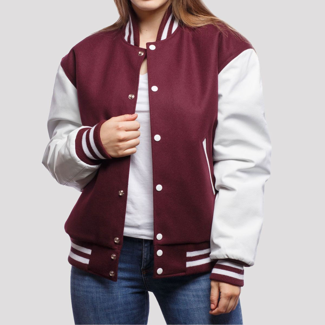 Classic maroon wool letterman jacket with white leather sleeves