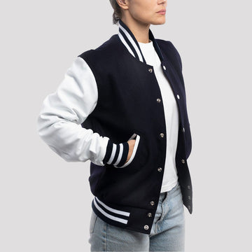 Classic navy blue wool letterman jacket with white sleeves for men