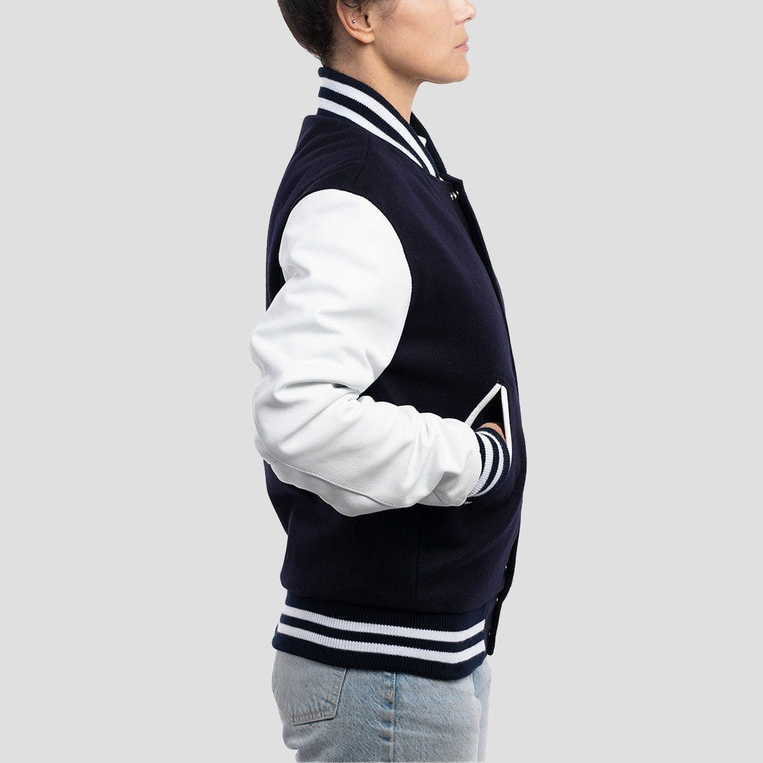 Classic navy blue wool letterman jacket with white sleeves for men