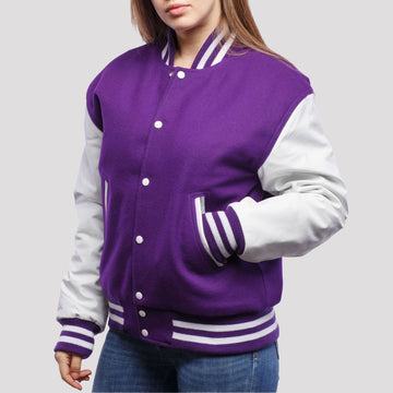 Classic purple wool letterman jacket with white leather sleeves