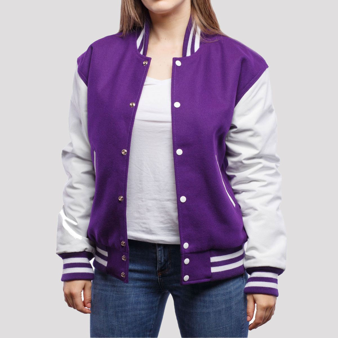 Classic purple wool letterman jacket with white leather sleeves