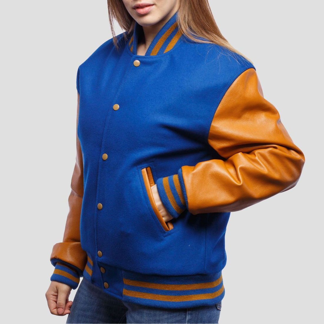 Classic royal blue letterman jacket with old gold leather sleeves