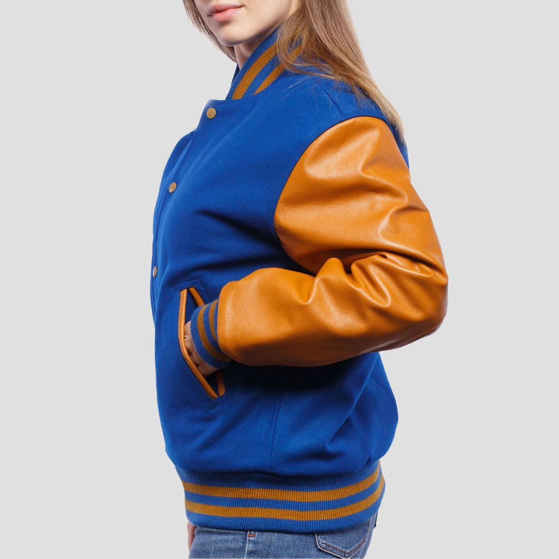 Classic royal blue letterman jacket with old gold leather sleeves
