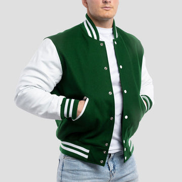 Classic fit varsity jacket in Kelly green wool with contrasting white leather sleeves, timeless and stylish