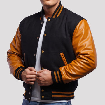 Men's black and gold letterman jacket with a premium varsity look, perfect for classic style
