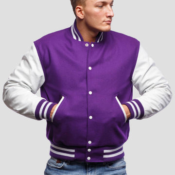 Purple wool letterman jacket featuring white leather sleeves, combining classic style with a modern twist