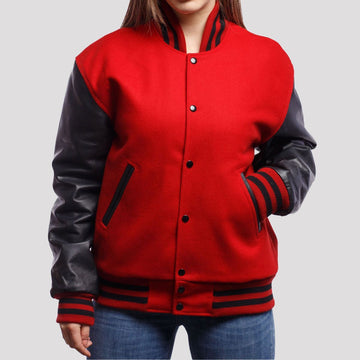 Scarlet Wool & Black Leather Sleeves Letterman Jacket