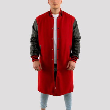 Scarlet Wool Coat with Cowhide Leather Sleeves – Premium Quality