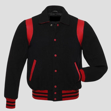 Retro grey wool varsity jacket with black leather trim, snap buttons, striped rib waistband, and vintage letterman style for men.