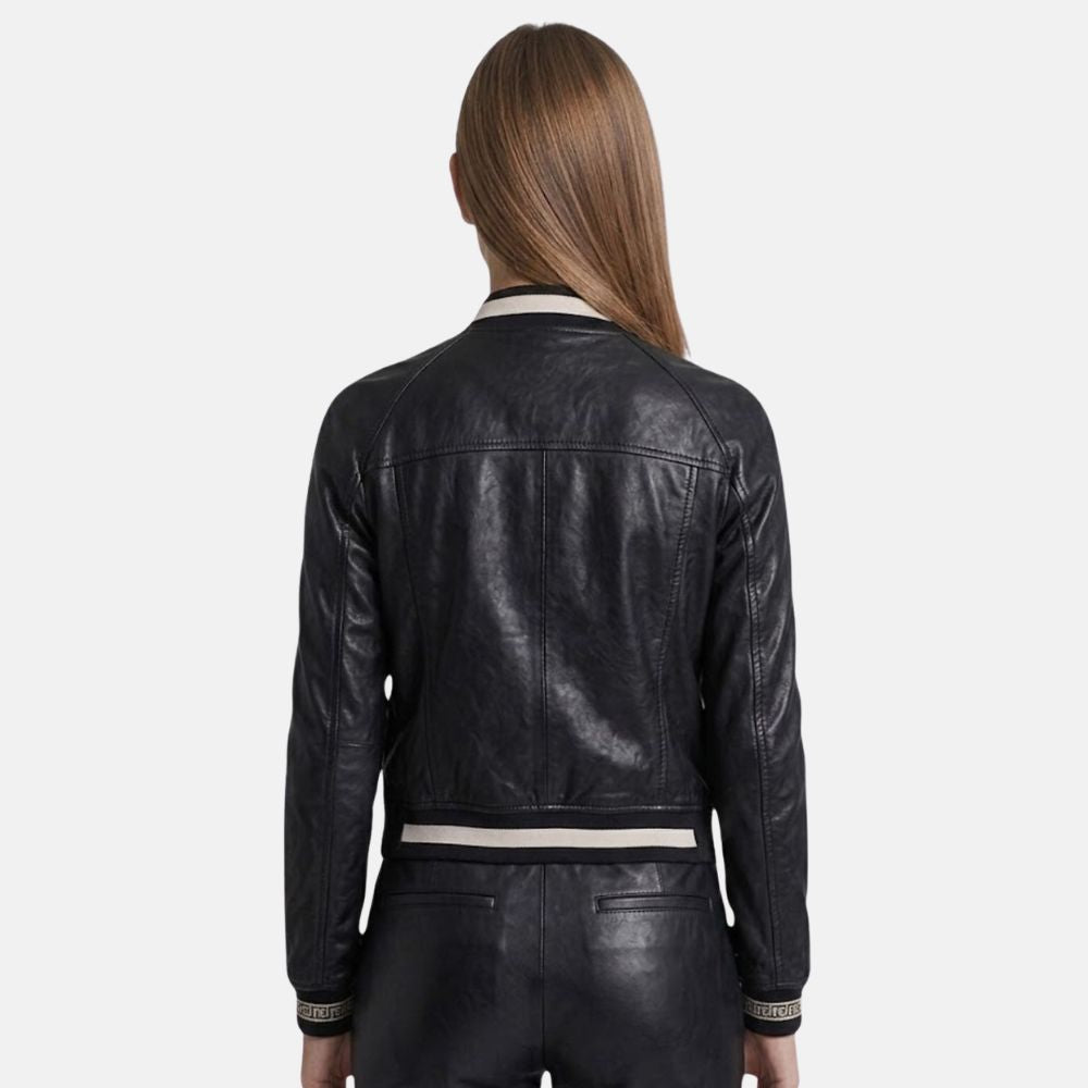 Stylish black leather varsity jacket for women with contrast trim and modern fit