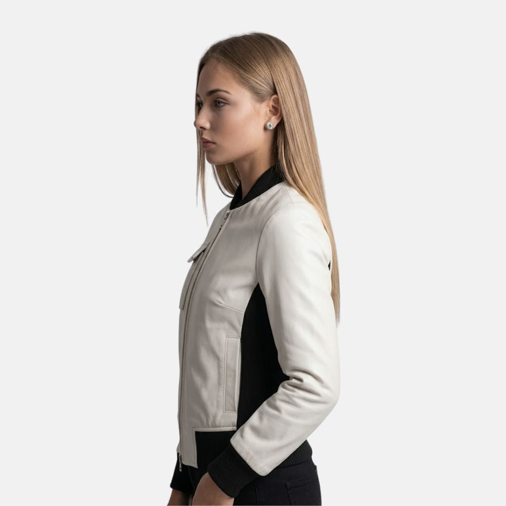 Women’s white leather jacket with black side panels and front zipper design