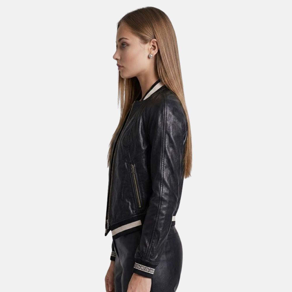 Premium Black Leather Varsity Jacket for Women