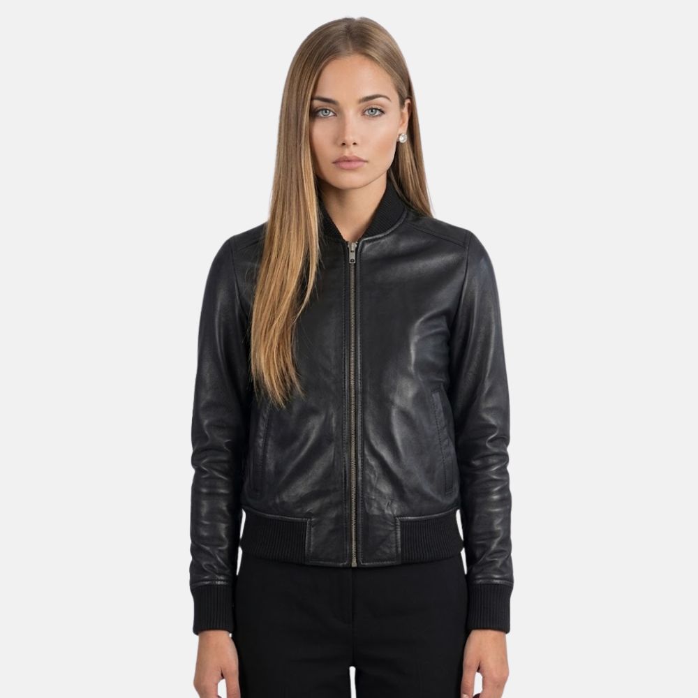 Women’s black leather jacket with front zip closure and ribbed cuffs