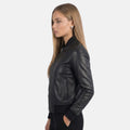 Stylish black leather jacket for women with fitted design and smooth finish