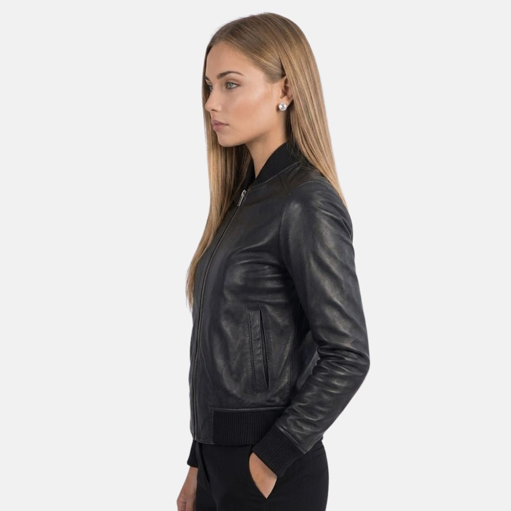 Stylish black leather jacket for women with fitted design and smooth finish