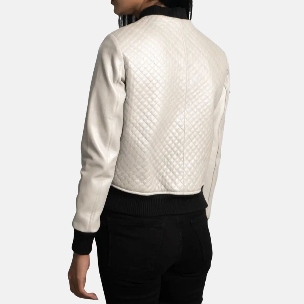 Modern white leather varsity jacket for women with quilted pocket and contrast details