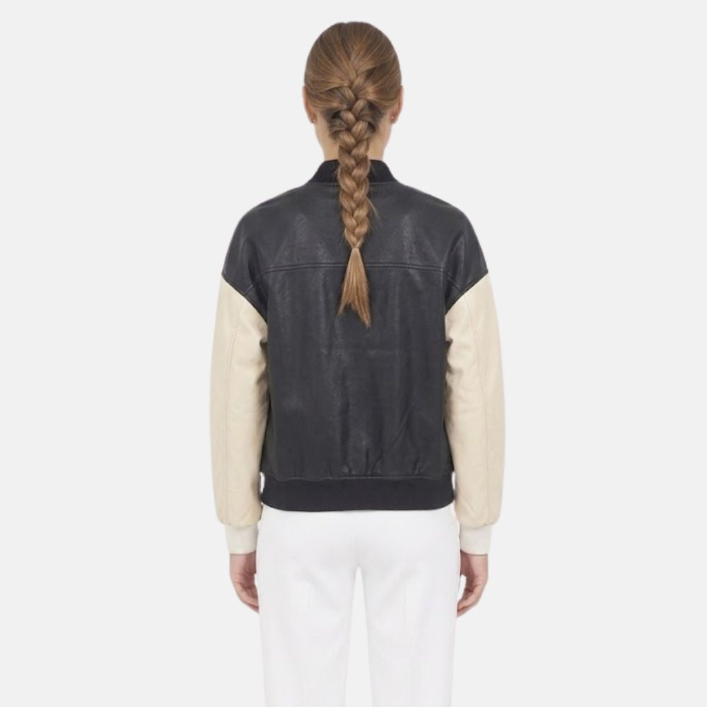 Stylish leather varsity jacket for women with contrast sleeves and modern fit