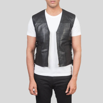 Men’s Black Leather Biker Vest with Side Lace Adjustments – Real Cowhide