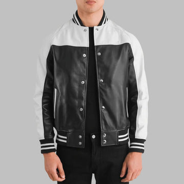 Men’s Black & White Sheepskin Leather Varsity Jacket – Quilted Lining