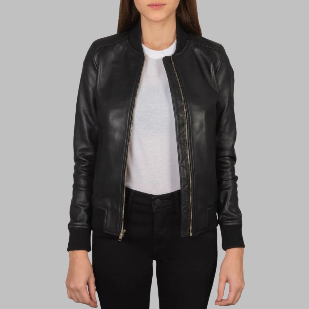 Women’s Varsity Jacket – Real Sheepskin Leather with Wind Flap & Stand-Up Collar