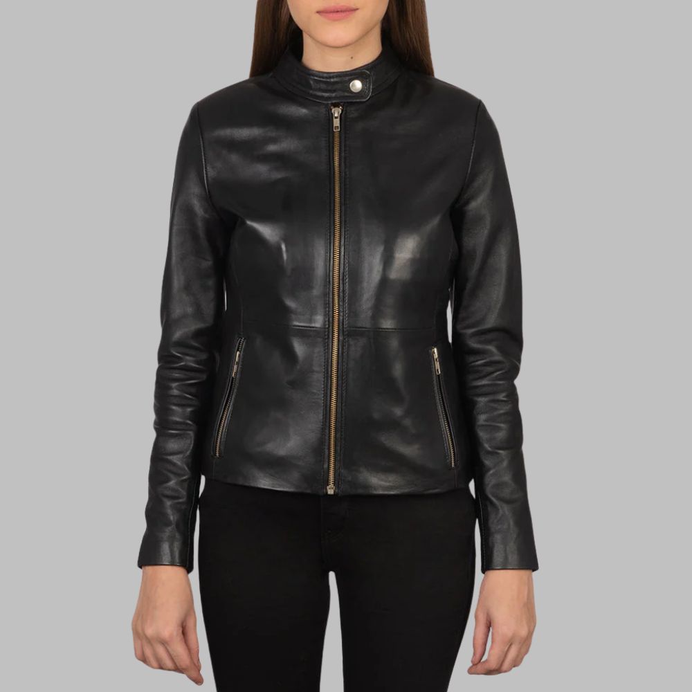 Women’s Black Sheepskin Leather Biker Jacket with Snap Collar & Zipper Pockets