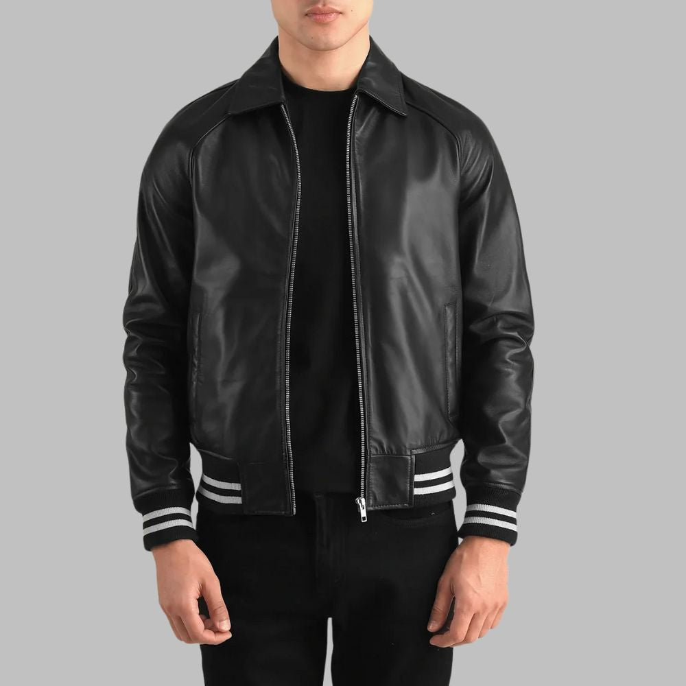 Men’s Black Sheepskin Leather Bomber Jacket – Striped Trim Classic