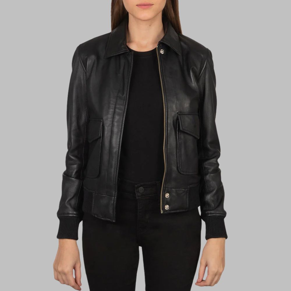 Women’s Black Sheepskin Leather Bomber Jacket with Button Flap & Rib Cuffs