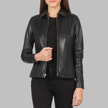 Women’s Black Leather Jacket – Real Sheepskin with Shirt Collar & Zipper