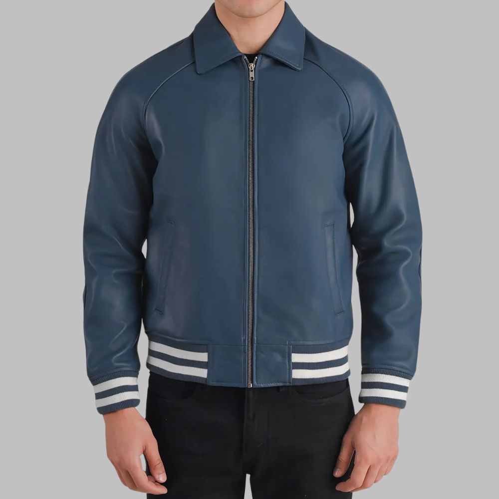 Men’s Blue Leather Bomber Jacket – Varsity Trim, Real Sheepskin