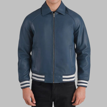 Men’s Blue Leather Bomber Jacket – Varsity Trim, Real Sheepskin