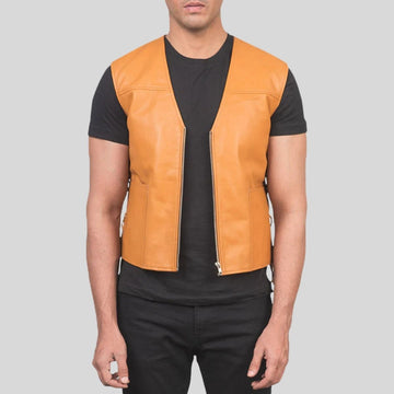 Men’s Tan Brown Leather Biker Vest – Real Sheepskin with Side Lace
