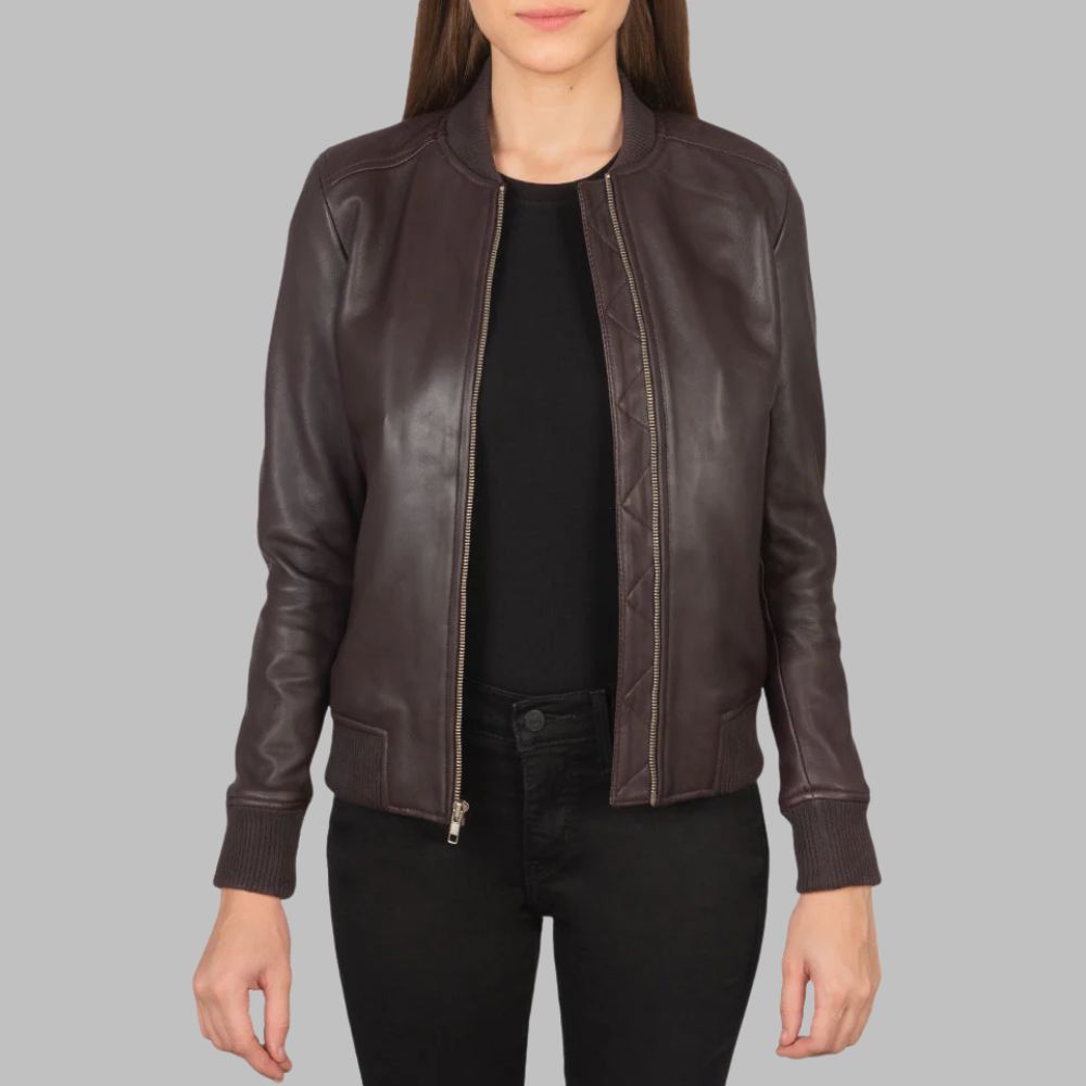 Women’s Maroon Varsity Jacket – Real Sheepskin Leather with Zipper & Wind Flap