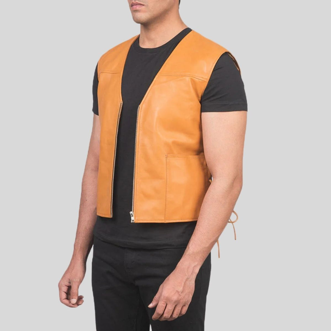 Men’s Tan Brown Leather Biker Vest – Real Sheepskin with Side Lace