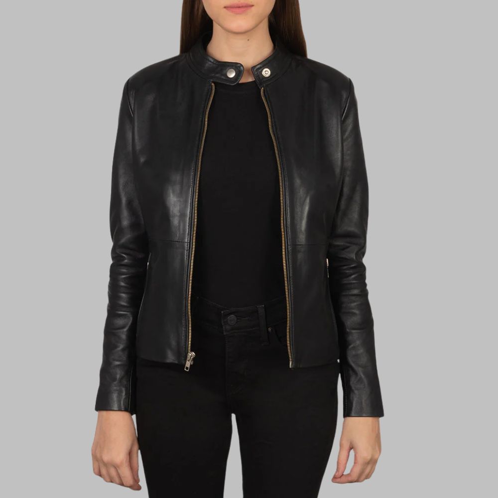 Women’s Black Sheepskin Leather Biker Jacket with Snap Collar & Zipper Pockets